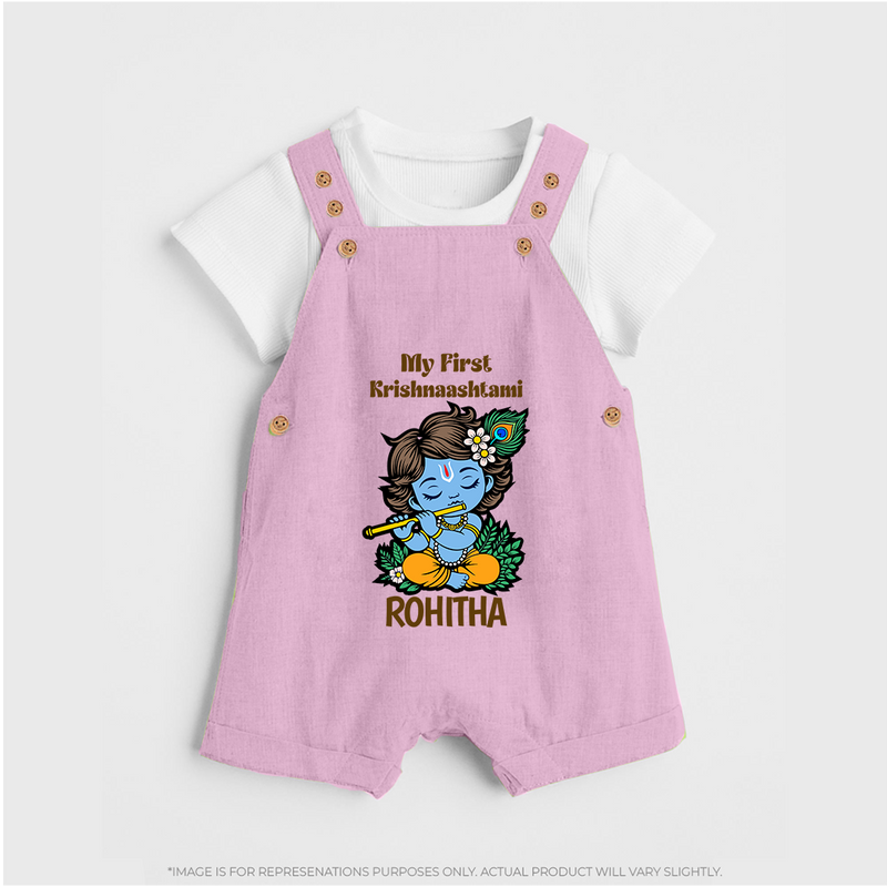 My First Krishnashtami Dungaree Set | Personalized Baby Dungaree Set for Krishnashtami - BABY PINK - 0 - 5 Months Old (Chest 18")