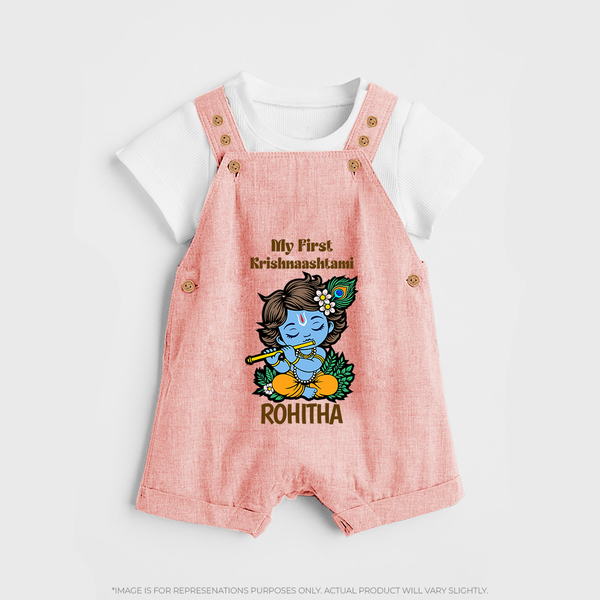 My First Krishnashtami Dungaree Set | Personalized Baby Dungaree Set for Krishnashtami - PEACH - 0 - 5 Months Old (Chest 18")