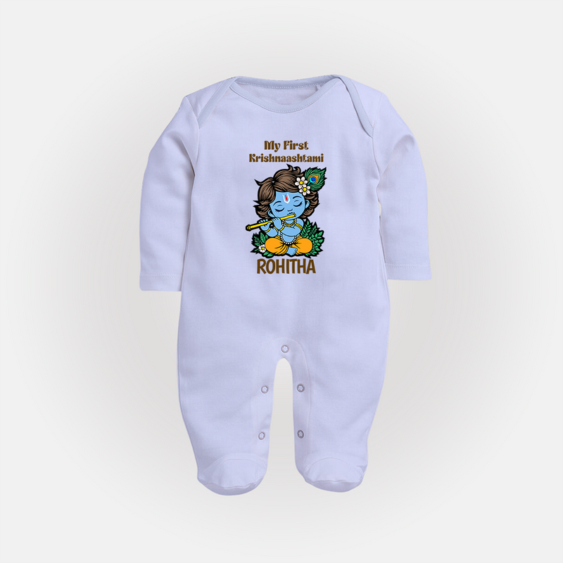 My First Krishnashtami Sleep Suit/Full Sleeve Body Suit | Personalized Baby Sleep Suit/Full Sleeve Body Suit for Krishnashtami - BABY BLUE - New Born (Chest 7.5")