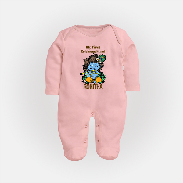 My First Krishnashtami Sleep Suit/Full Sleeve Body Suit | Personalized Baby Sleep Suit/Full Sleeve Body Suit for Krishnashtami - BABY PINK - New Born (Chest 7.5")