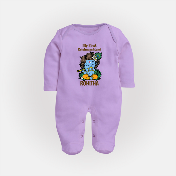 My First Krishnashtami Sleep Suit/Full Sleeve Body Suit | Personalized Baby Sleep Suit/Full Sleeve Body Suit for Krishnashtami - LILAC - New Born (Chest 7.5")