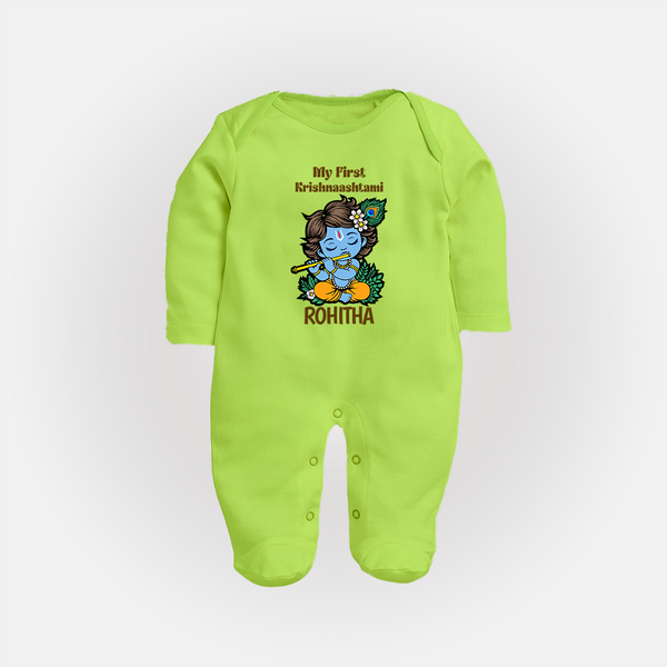 My First Krishnashtami Sleep Suit/Full Sleeve Body Suit | Personalized Baby Sleep Suit/Full Sleeve Body Suit for Krishnashtami - LIME GREEN - New Born (Chest 7.5")