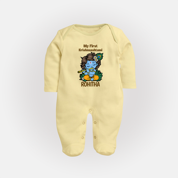 My First Krishnashtami Sleep Suit/Full Sleeve Body Suit | Personalized Baby Sleep Suit/Full Sleeve Body Suit for Krishnashtami - PASTEL YELLOW - New Born (Chest 7.5")