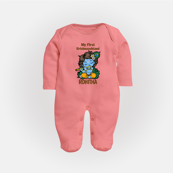 My First Krishnashtami Sleep Suit/Full Sleeve Body Suit | Personalized Baby Sleep Suit/Full Sleeve Body Suit for Krishnashtami - PEACH - New Born (Chest 7.5")
