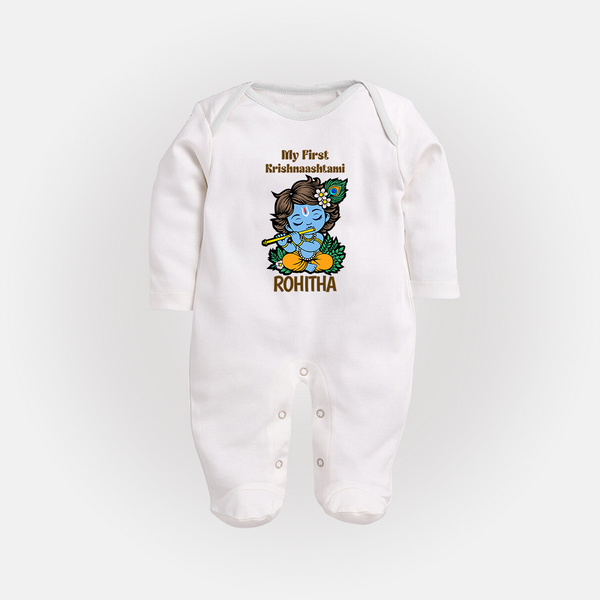 My First Krishnashtami Sleep Suit/Full Sleeve Body Suit | Personalized Baby Sleep Suit/Full Sleeve Body Suit for Krishnashtami - WHITE - New Born (Chest 7.5")