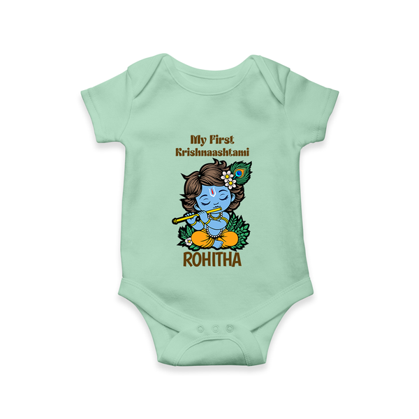 My First Krishnashtami Romper/Onesie | Personalized Baby Romper/Onesie for Krishnashtami - MINT GREEN - New Born (Chest 14")