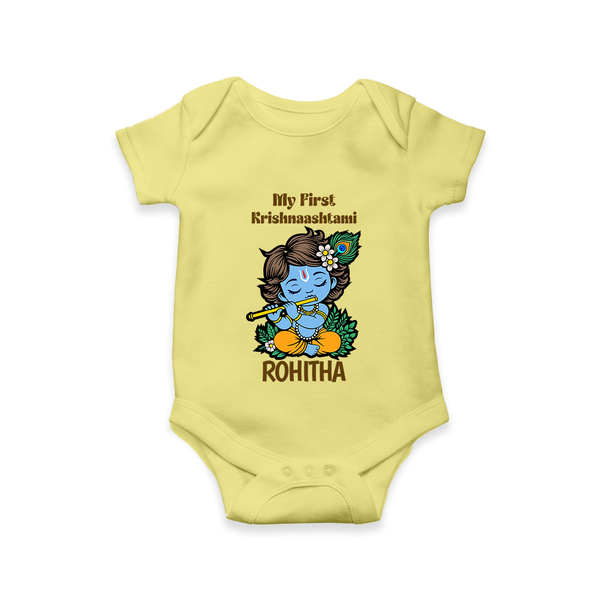 My First Krishnashtami Romper/Onesie | Personalized Baby Romper/Onesie for Krishnashtami - PASTEL YELLOW - New Born (Chest 14")
