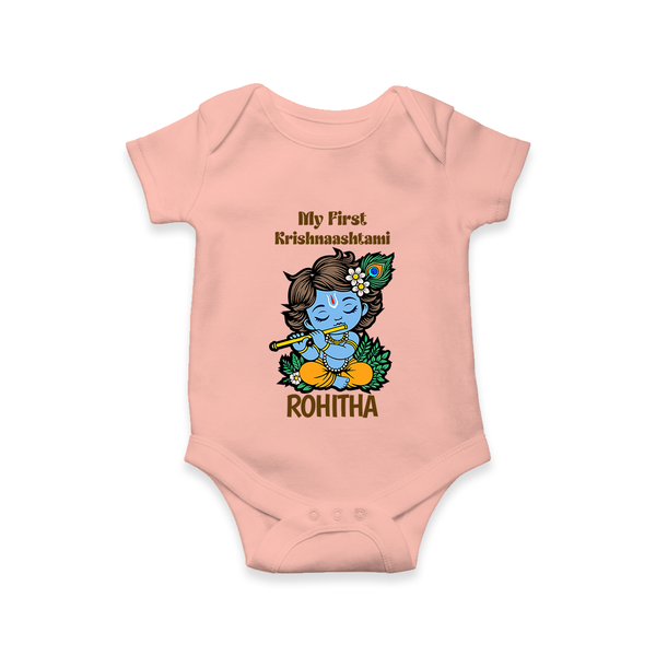 My First Krishnashtami Romper/Onesie | Personalized Baby Romper/Onesie for Krishnashtami - PEACH - New Born (Chest 14")
