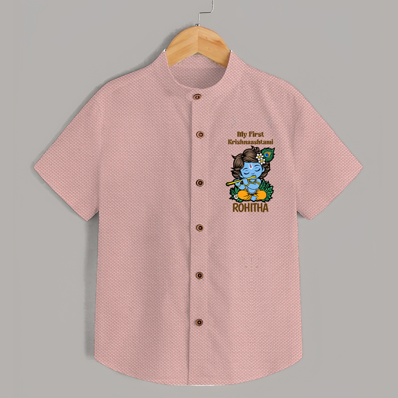My First Krishnashtami Shirt | Personalized Baby Shirt for Krishnashtami - PEACH - 0 - 6 Months Old (Chest 23")