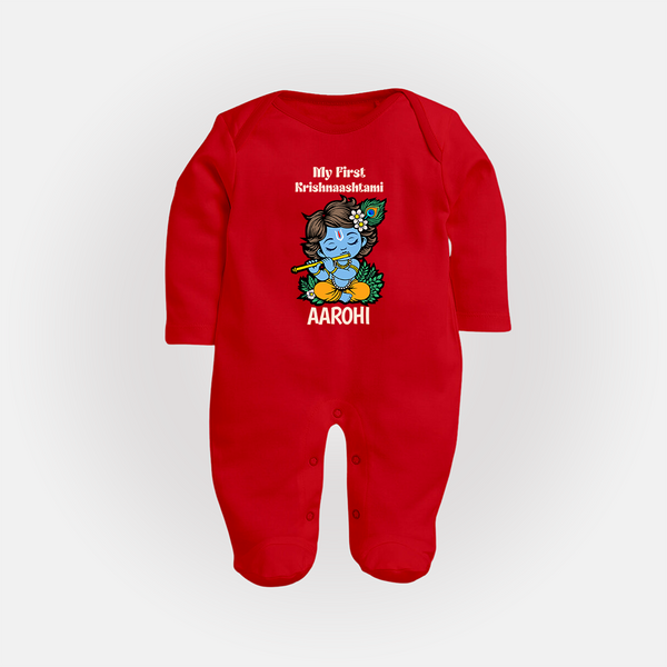 My First Krishnashtami Sleep Suit/Full Sleeve Body Suit | Personalized Baby Sleep Suit/Full Sleeve Body Suit for Krishnashtami - RED - New Born (Chest 7.5")