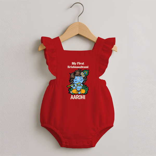 My First Krishnashtami Romper Frock | Personalized Baby Romper Frock for Krishnashtami - RED - 0 - 3 Months Old (Chest 19")