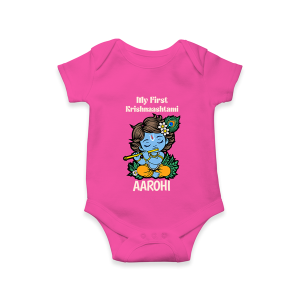My First Krishnashtami Romper/Onesie | Personalized Baby Romper/Onesie for Krishnashtami - HOT PINK - New Born (Chest 14")
