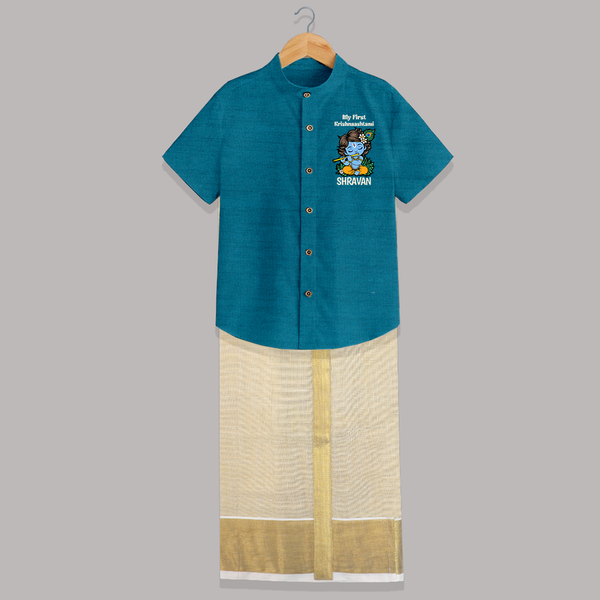 My First Krishnashtami Shirt and Dhoti | Personalized Baby Shirt and Dhoti for Krishnashtami - PEACOCK BLUE - 0 - 6 Months Old (Chest-23") (Dhoti length-14")