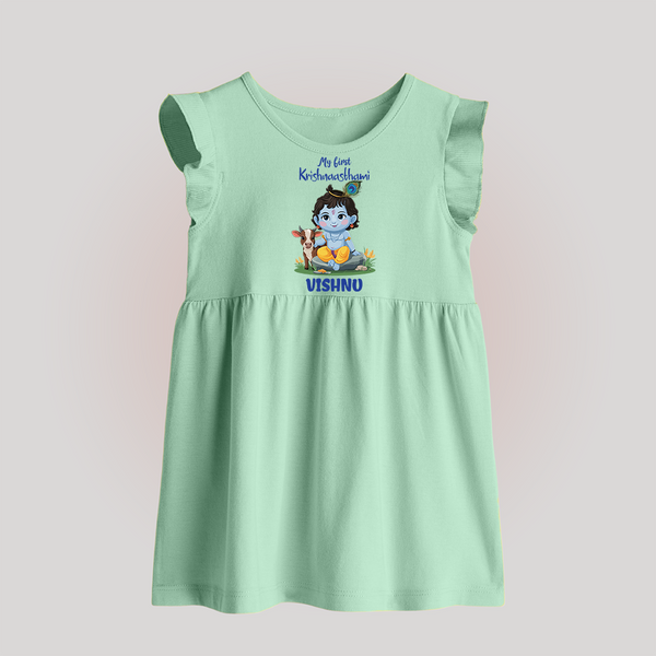 Celebrate My First Krishnashtami | Custom  Baby Frock for Krishna's Birthday - MINT GREEN - 0 - 3 Months Old (Chest 17")