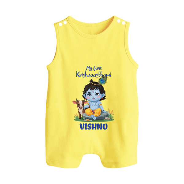 Celebrate My First Krishnashtami | Custom  Romper Suit/Sleeveless Romper for Krishna's Birthday - PASTEL YELLOW - 0 - 5 Months Old (Chest 18")