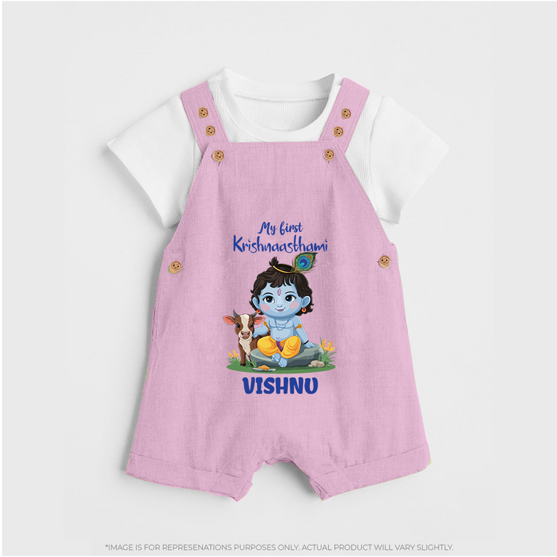 Celebrate My First Krishnashtami | Custom  Dungaree Set for Krishna's Birthday - BABY PINK - 0 - 5 Months Old (Chest 18")