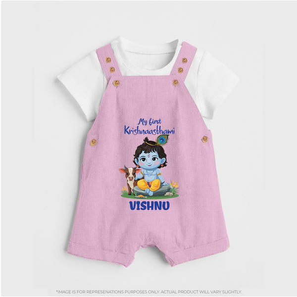Celebrate My First Krishnashtami | Custom  Dungaree Set for Krishna's Birthday - BABY PINK - 0 - 5 Months Old (Chest 18")