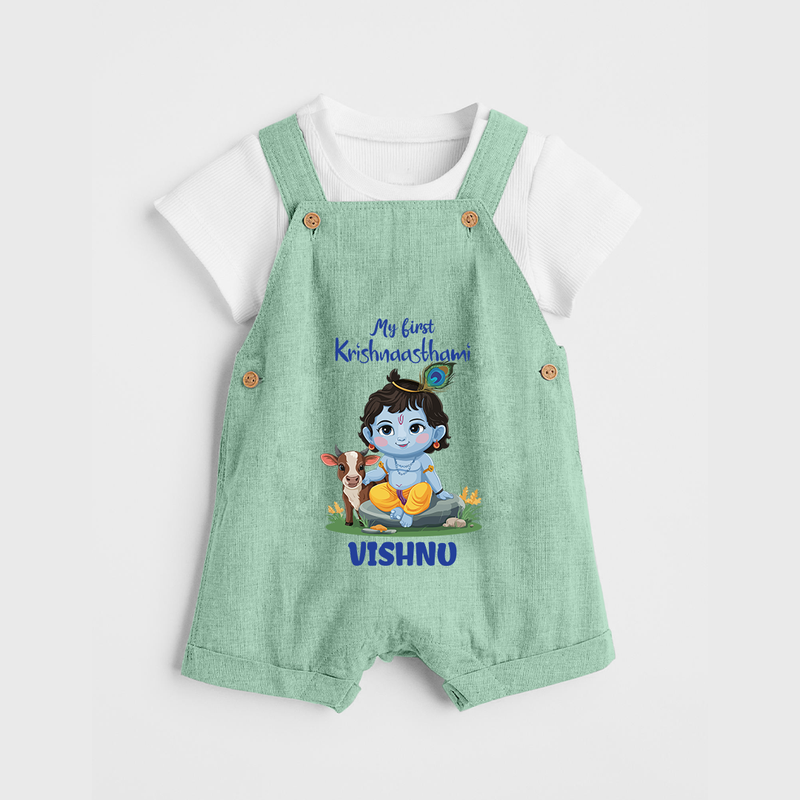 Celebrate My First Krishnashtami | Custom  Dungaree Set for Krishna's Birthday - MINT GREEN - 0 - 5 Months Old (Chest 18")