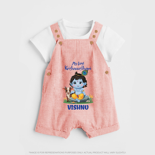 Celebrate My First Krishnashtami | Custom  Dungaree Set for Krishna's Birthday - PEACH - 0 - 5 Months Old (Chest 18")