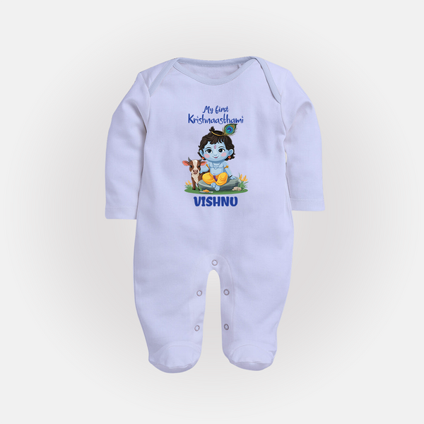 Celebrate My First Krishnashtami | Custom  Sleep Suit/Full Sleeve Body Suit for Krishna's Birthday - BABY BLUE - New Born (Chest 7.5")