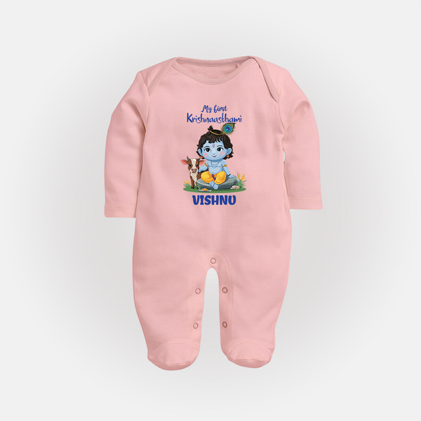 Celebrate My First Krishnashtami | Custom  Sleep Suit/Full Sleeve Body Suit for Krishna's Birthday - BABY PINK - New Born (Chest 7.5")