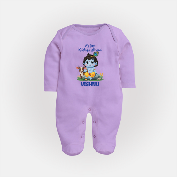 Celebrate My First Krishnashtami | Custom  Sleep Suit/Full Sleeve Body Suit for Krishna's Birthday - LILAC - New Born (Chest 7.5")