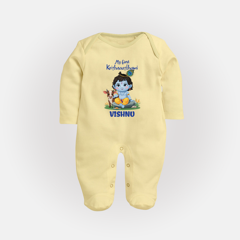 Celebrate My First Krishnashtami | Custom  Sleep Suit/Full Sleeve Body Suit for Krishna's Birthday - PASTEL YELLOW - New Born (Chest 7.5")