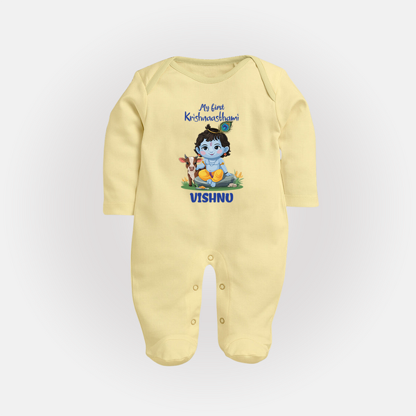 Celebrate My First Krishnashtami | Custom  Sleep Suit/Full Sleeve Body Suit for Krishna's Birthday - PASTEL YELLOW - New Born (Chest 7.5")