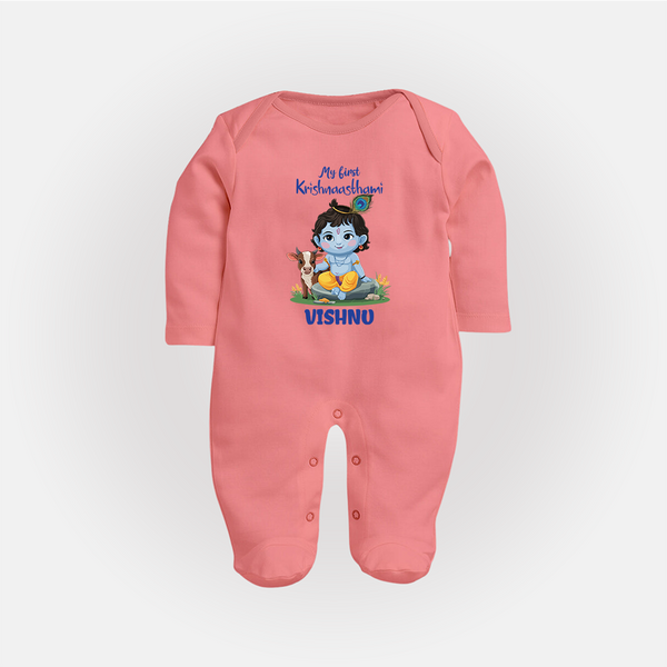 Celebrate My First Krishnashtami | Custom  Sleep Suit/Full Sleeve Body Suit for Krishna's Birthday - PEACH - New Born (Chest 7.5")