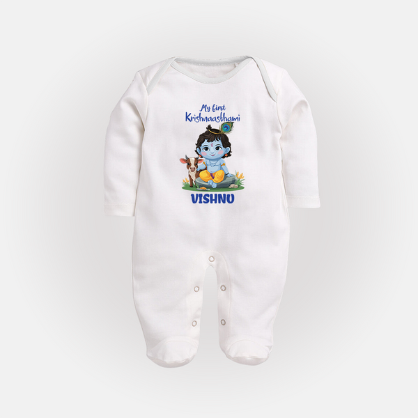 Celebrate My First Krishnashtami | Custom  Sleep Suit/Full Sleeve Body Suit for Krishna's Birthday - WHITE - New Born (Chest 7.5")