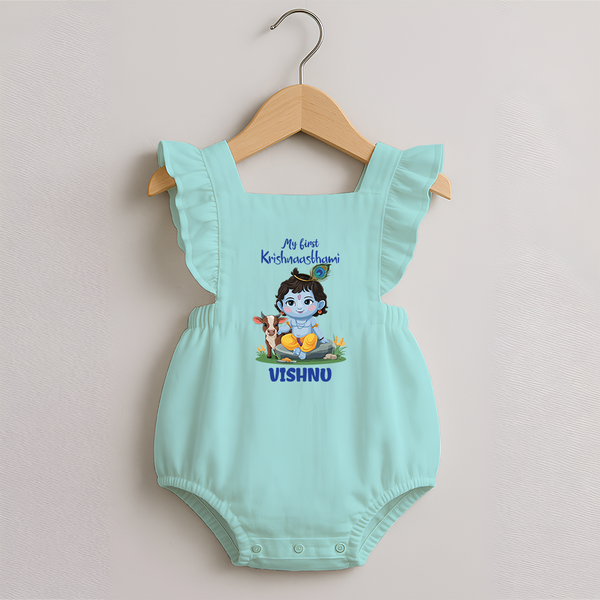 Celebrate My First Krishnashtami | Custom  Romper Frock for Krishna's Birthday - MINT GREEN - 0 - 3 Months Old (Chest 19")