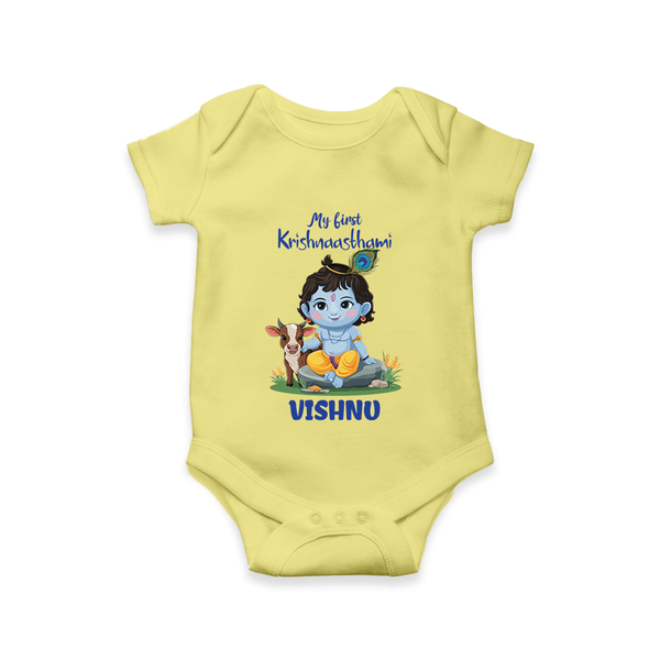 Celebrate My First Krishnashtami | Custom  Romper/Onesie for Krishna's Birthday - PASTEL YELLOW - New Born (Chest 14")