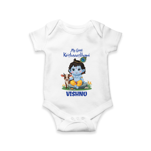 Celebrate My First Krishnashtami | Custom  Romper/Onesie for Krishna's Birthday - WHITE - New Born (Chest 14")