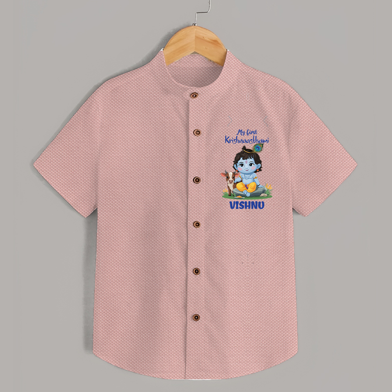 Celebrate My First Krishnashtami | Custom  Shirt for Krishna's Birthday - PEACH - 0 - 6 Months Old (Chest 23")