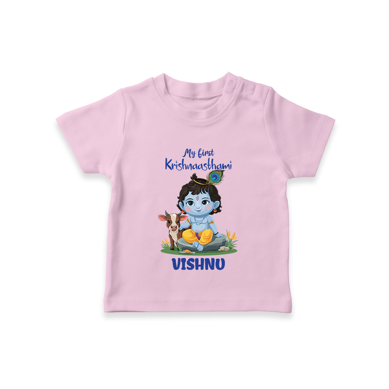 Celebrate My First Krishnashtami | Custom  T-shirt for Krishna's Birthday - BABY PINK - 0-5 Months Old (Chest 17")