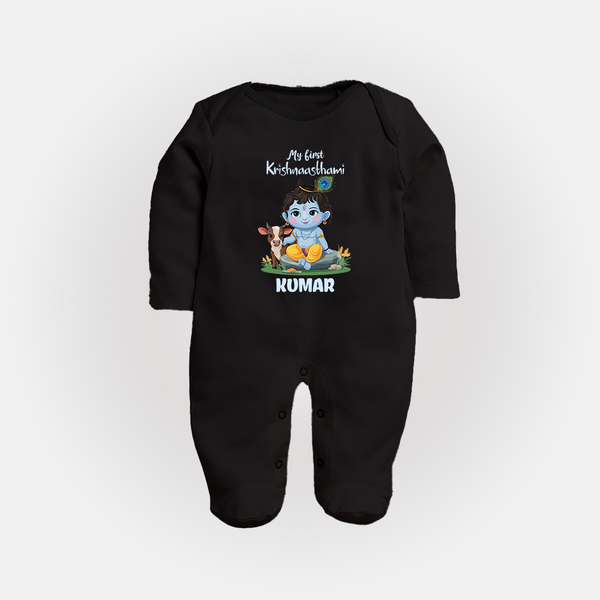 Celebrate My First Krishnashtami | Custom  Sleep Suit/Full Sleeve Body Suit for Krishna's Birthday - BLACK - New Born (Chest 7.5")