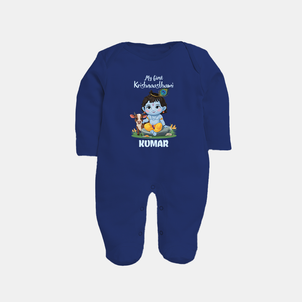 Celebrate My First Krishnashtami | Custom  Sleep Suit/Full Sleeve Body Suit for Krishna's Birthday - NAVY BLUE - New Born (Chest 7.5")