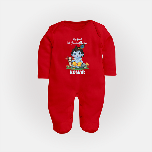 Celebrate My First Krishnashtami | Custom  Sleep Suit/Full Sleeve Body Suit for Krishna's Birthday - RED - New Born (Chest 7.5")