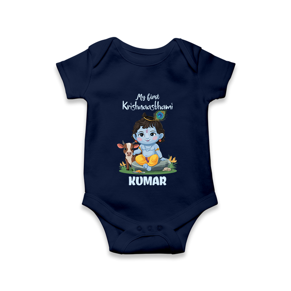 Celebrate My First Krishnashtami | Custom  Romper/Onesie for Krishna's Birthday - NAVY BLUE - New Born (Chest 14")