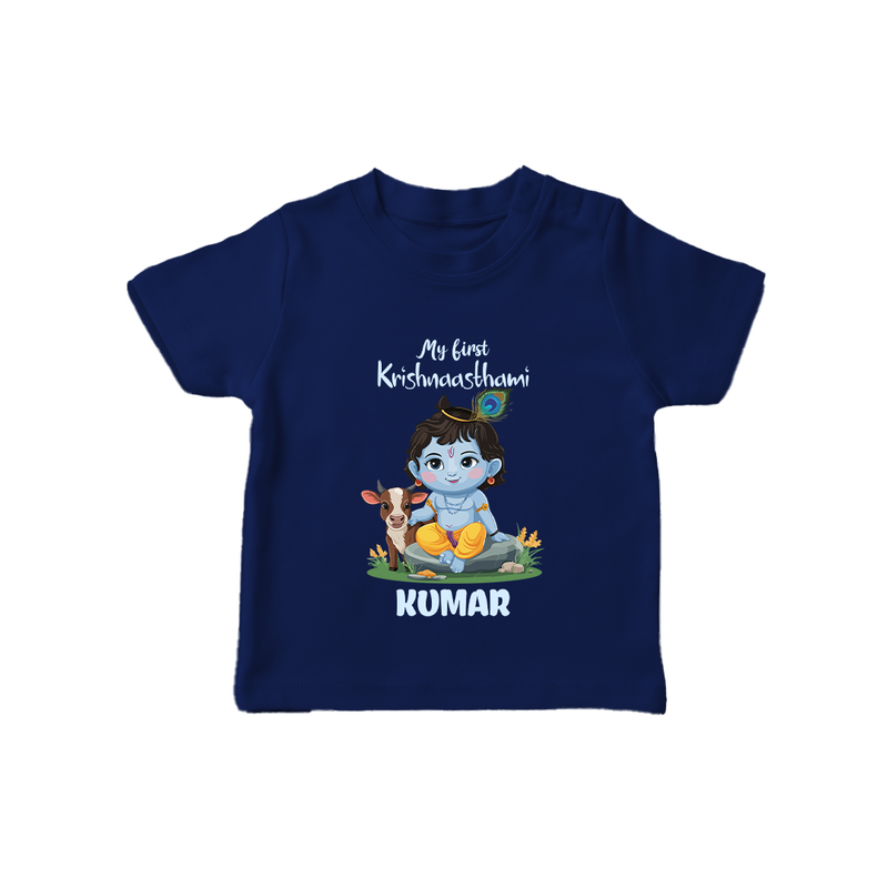 Celebrate My First Krishnashtami | Custom  T-shirt for Krishna's Birthday - NAVY BLUE - 0-5 Months Old (Chest 17")