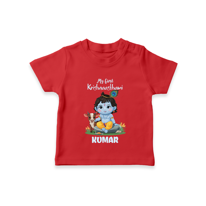 Celebrate My First Krishnashtami | Custom  T-shirt for Krishna's Birthday - RED - 0-5 Months Old (Chest 17")