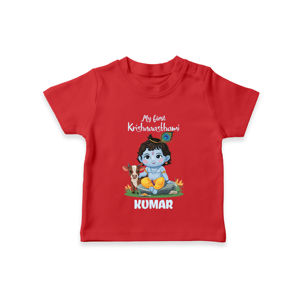 Celebrate My First Krishnashtami | Custom  T-shirt for Krishna's Birthday - RED - 0-5 Months Old (Chest 17")