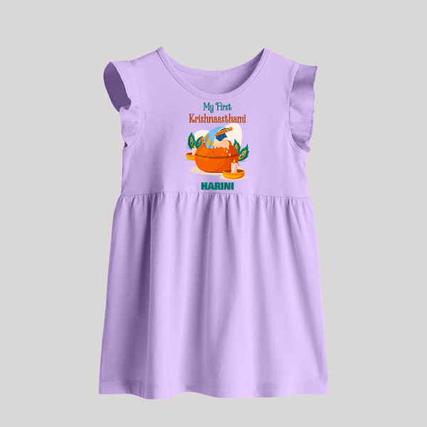 My First Krishnashtami Celebration Baby Frock | Personalized Krishna Jayanthi Outfit - LILAC - 0 - 3 Months Old (Chest 17")