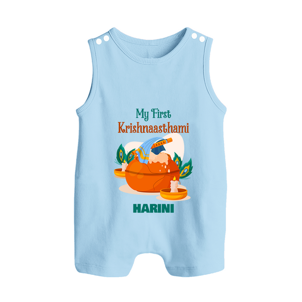 My First Krishnashtami Celebration Romper Suit/Sleeveless Romper | Personalized Krishna Jayanthi Outfit - BABY BLUE - 0 - 5 Months Old (Chest 18")