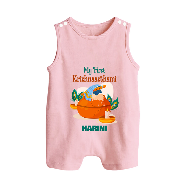 My First Krishnashtami Celebration Romper Suit/Sleeveless Romper | Personalized Krishna Jayanthi Outfit - BABY PINK - 0 - 5 Months Old (Chest 18")