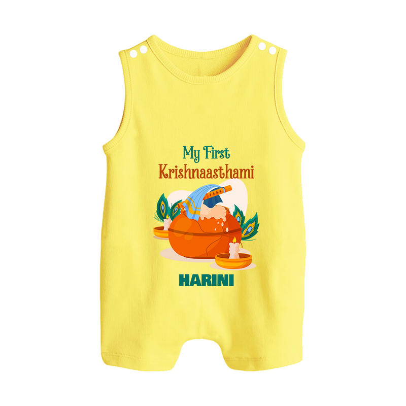 My First Krishnashtami Celebration Romper Suit/Sleeveless Romper | Personalized Krishna Jayanthi Outfit - PASTEL YELLOW - 0 - 5 Months Old (Chest 18")