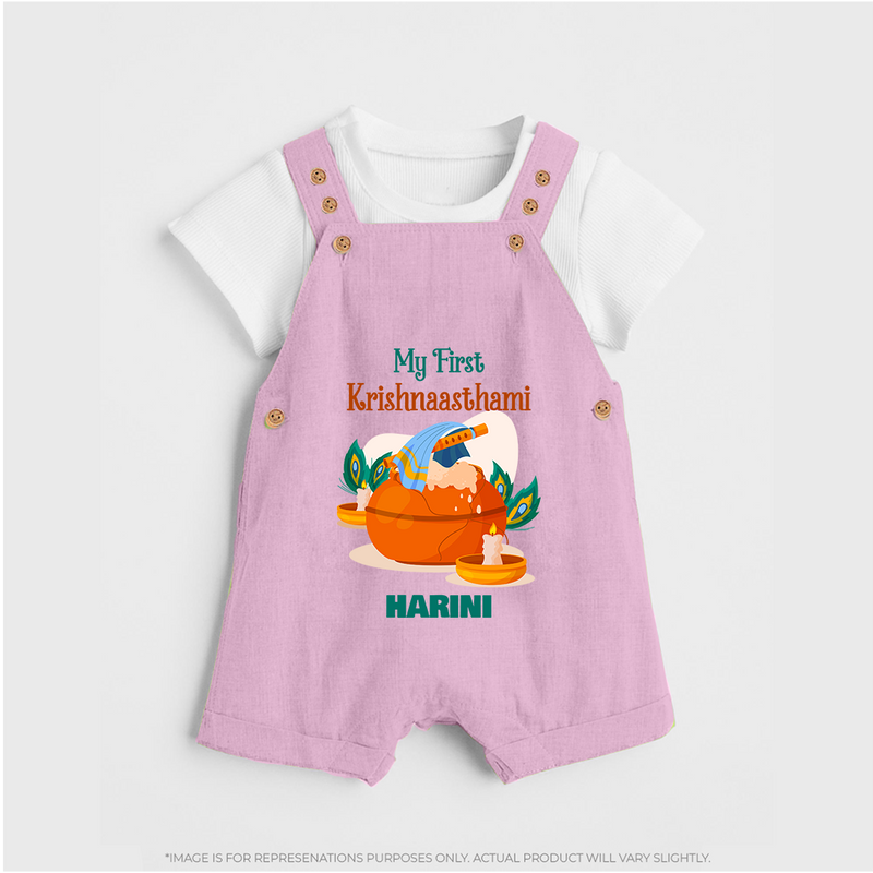 My First Krishnashtami Celebration Dungaree Set | Personalized Krishna Jayanthi Outfit - BABY PINK - 0 - 5 Months Old (Chest 18")
