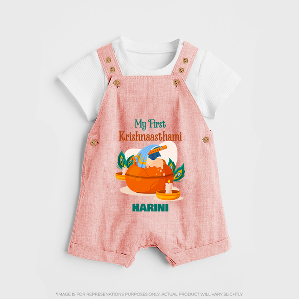My First Krishnashtami Celebration Dungaree Set | Personalized Krishna Jayanthi Outfit - PEACH - 0 - 5 Months Old (Chest 18")