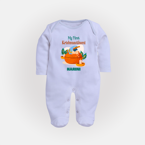 My First Krishnashtami Celebration Sleep Suit/Full Sleeve Body Suit | Personalized Krishna Jayanthi Outfit - BABY BLUE - New Born (Chest 7.5")