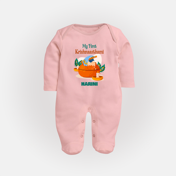 My First Krishnashtami Celebration Sleep Suit/Full Sleeve Body Suit | Personalized Krishna Jayanthi Outfit - BABY PINK - New Born (Chest 7.5")